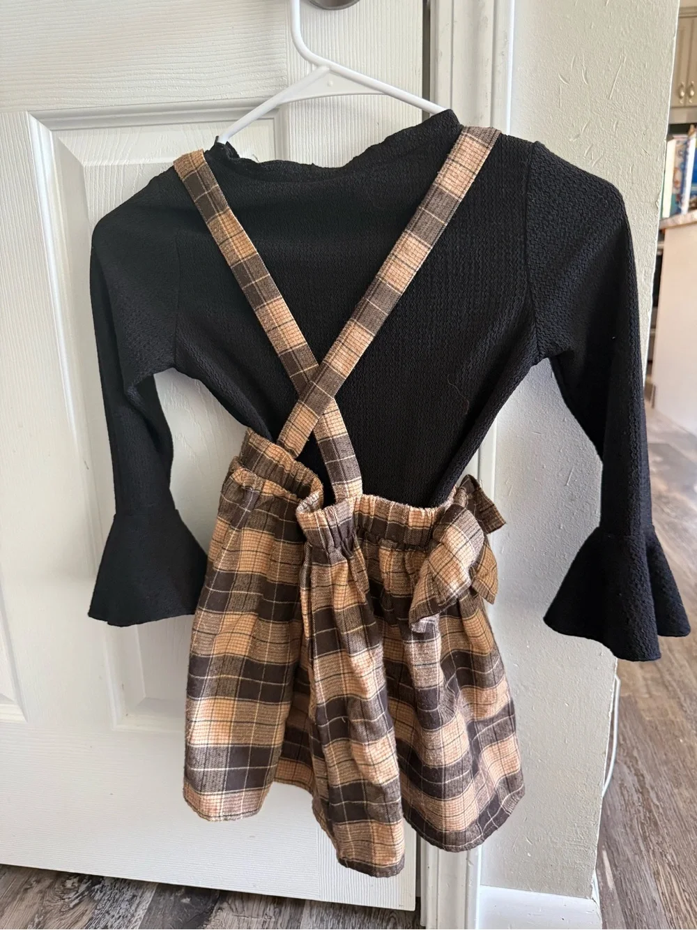 Girls Plaid Suspender Skirt with Black Textured Top